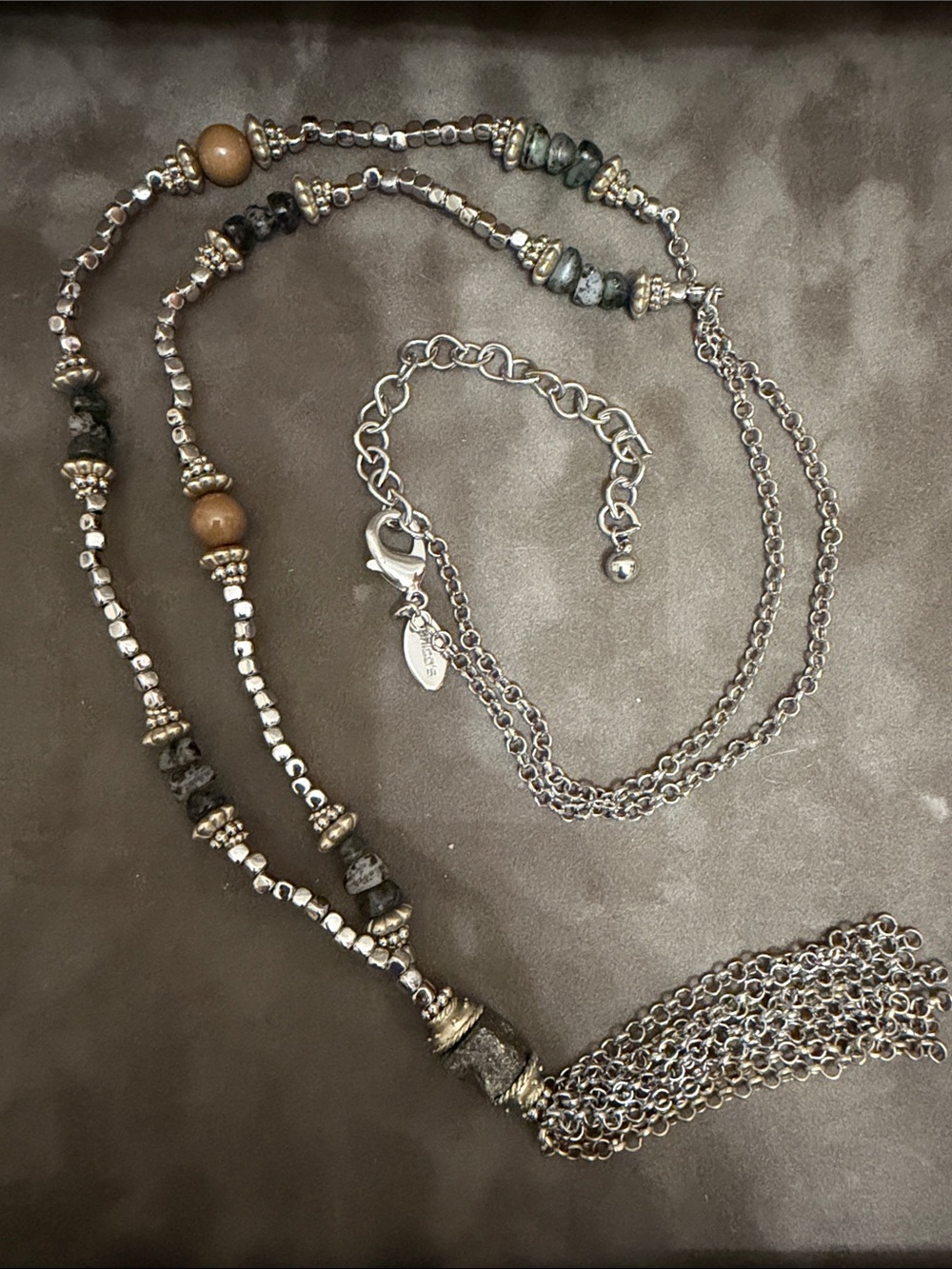 Chico's Silver-Tone Beaded Tassel Necklace with Gray and Brown Accents
